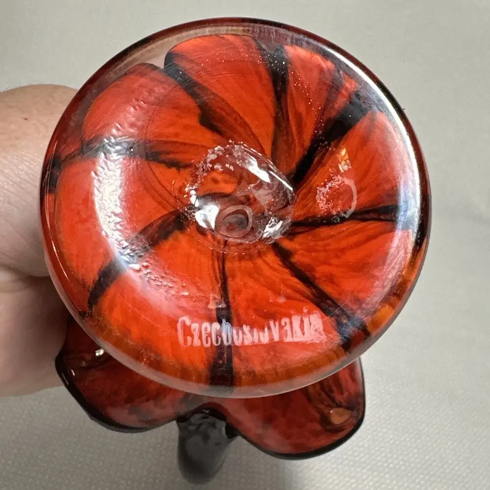 Vintage Czech Tango Art Glass Basket Vase Orange Black